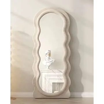 ITSRG Wavy Wall Mounted Mirror with Flannel Wrapped Wooden Frame and Stand - Full Length (White)