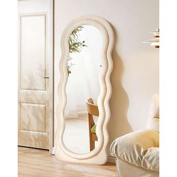 ITSRG Wavy Wall Mounted Mirror with Flannel Wrapped Wooden Frame and Stand - Full Length (White)