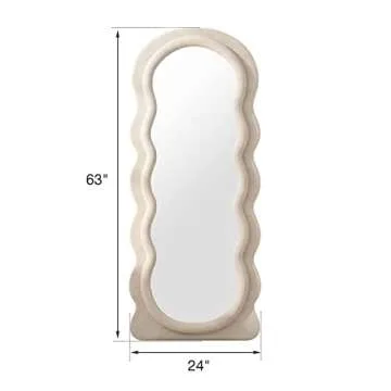 ITSRG Wavy Wall Mounted Mirror with Flannel Wrapped Wooden Frame and Stand - Full Length (White)