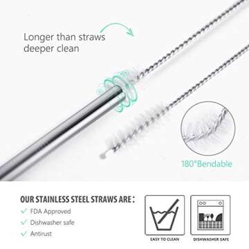 Teivio 8 Pack Short Stainless Steel Straws 6.25 inch and 6 inch Metal Reusable Straws with Silicone Tips and Case, Cleaning Brush and Carry Bag for Cocktail Glasses, Kids, Small Cups(Silver)