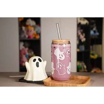 ANOTION Halloween Mugs - 18 oz Halloween Ghost Decor Ghost Mug Halloween Decorations Glass Cups Tumbler Iced Coffee Cups Glassware Cookie Jar Decor Gift Drinking Water Bottles