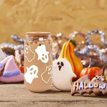 ANOTION Halloween Mugs - 18 oz Halloween Ghost Decor Ghost Mug Halloween Decorations Glass Cups Tumbler Iced Coffee Cups Glassware Cookie Jar Decor Gift Drinking Water Bottles