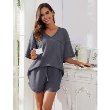 Becotal Womens Pajama Sets Waffle Knit 2 Piece Short Lounge Sets Cute Sleep Loungewear Pjs Set Short...