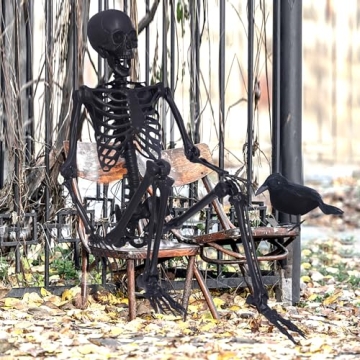 5.4Ft Posable Skeleton with Black Feathered Crows for Halloween