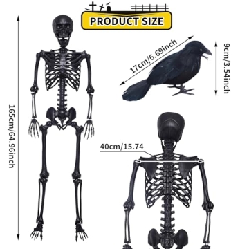 5.4Ft Posable Skeleton with Black Feathered Crows for Halloween