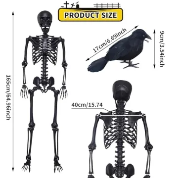 5.4Ft Posable Skeleton with Black Feathered Crows for Halloween