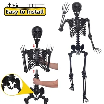 5.4Ft Posable Skeleton with Black Feathered Crows for Halloween