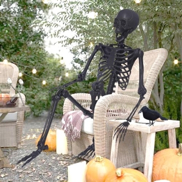 5.4Ft Posable Skeleton with Black Feathered Crows for Halloween