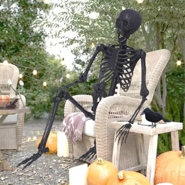 5.4Ft Posable Skeleton with Black Feathered Crows for Halloween