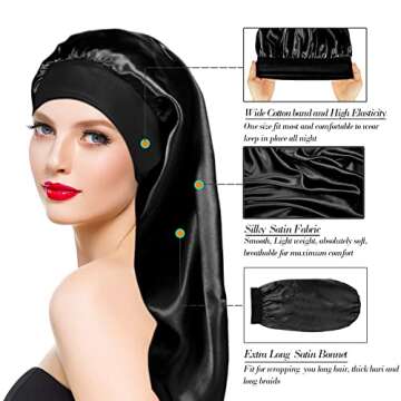 2 Pieces Long Silky Satin Sleep Bonnet for Curly Hair, Long Dreadlocks and Braids Hair Bonnets for H...