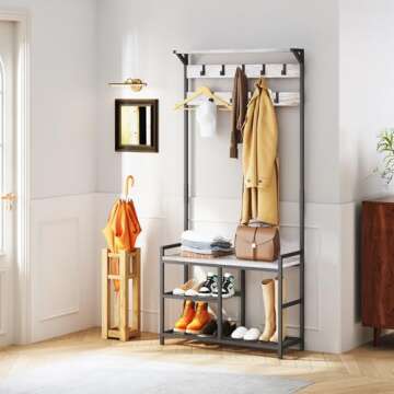HOMEKOKO Coat Rack Shoe Bench, Hall Tree Entryway Storage Bench, Wood Look Accent Furniture with Met...