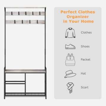 HOMEKOKO 3-in-1 Coat Rack Shoe Bench for Entryway