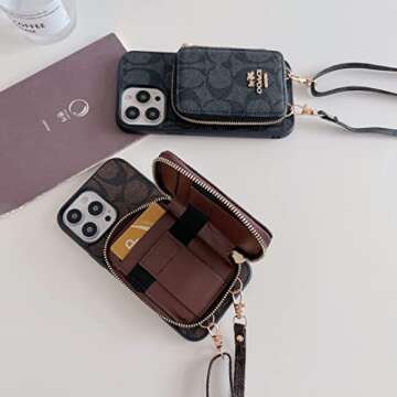 LBJ MAKY Luxury Wallet Case Compatible with iPhone 13 Pro Max Card Holder Case with Crossbody Strap for Women Metal nameplate Protective Case Compatible with iPhone 13 Pro Max 6.7''(Black)