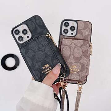 LBJ MAKY Luxury Wallet Case Compatible with iPhone 13 Pro Max Card Holder Case with Crossbody Strap for Women Metal nameplate Protective Case Compatible with iPhone 13 Pro Max 6.7''(Black)