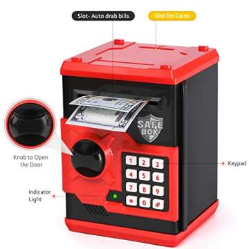 ATM Piggy Bank for Boys Girls, Vcertcpl Mini ATM Coin Bank Money Saving Box with Password, Kids Safe Money Jar for Adults with Auto Grab Bill Slot, Great Gift Toy Bank for Kids (Red+Black)