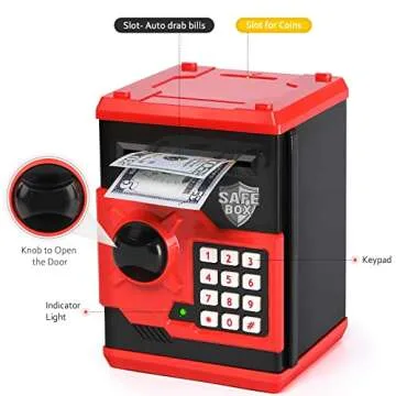 ATM Piggy Bank for Boys Girls, Vcertcpl Mini ATM Coin Bank Money Saving Box with Password, Kids Safe Money Jar for Adults with Auto Grab Bill Slot, Great Gift Toy Bank for Kids (Red+Black)