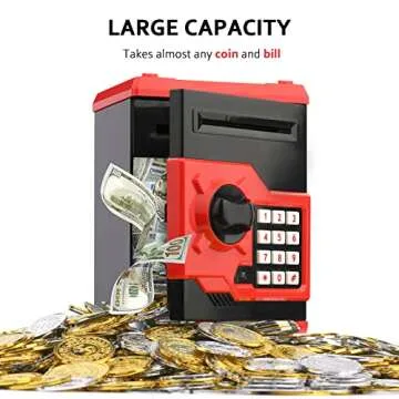 ATM Piggy Bank for Boys Girls, Vcertcpl Mini ATM Coin Bank Money Saving Box with Password, Kids Safe Money Jar for Adults with Auto Grab Bill Slot, Great Gift Toy Bank for Kids (Red+Black)