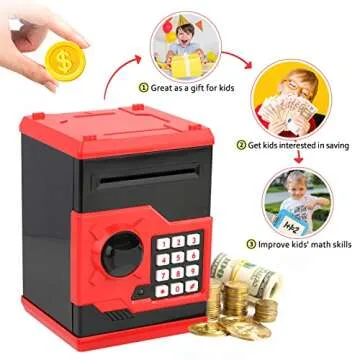ATM Piggy Bank for Boys Girls, Vcertcpl Mini ATM Coin Bank Money Saving Box with Password, Kids Safe Money Jar for Adults with Auto Grab Bill Slot, Great Gift Toy Bank for Kids (Red+Black)