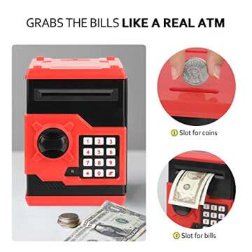 ATM Piggy Bank for Boys Girls, Vcertcpl Mini ATM Coin Bank Money Saving Box with Password, Kids Safe Money Jar for Adults with Auto Grab Bill Slot, Great Gift Toy Bank for Kids (Red+Black)
