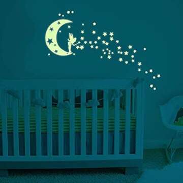 Moon Glow in Dark Wall Stickers, Benbo Fairytale Fairy and Stars Vinyl Luminous Wall Decals for Nursery Kid's Room DIY Home Decor Mural Decoration