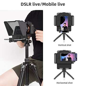 AMBITFUL Teleprompter 7.5'' with Tabletop Tripod for Smartphone and DSLR Camera, Adjustable Phone Clip & Camera Adapting Ring, for Live Streaming, Interviews