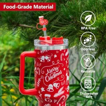 6Pcs Christmas Red Straw Cover Cap for Stanley Cup 40oz/30oz Tumbler, 10mm Reusable Cute Drinking Straw Topper Accessories, Portable Protector Plugs Decorations Gifts for Party Christmas