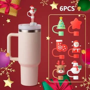 6Pcs Christmas Red Straw Cover Cap for Stanley Cup 40oz/30oz Tumbler, 10mm Reusable Cute Drinking Straw Topper Accessories, Portable Protector Plugs Decorations Gifts for Party Christmas