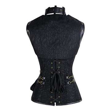 Charmian Women's Plus Size Retro Goth Spiral Steel Boned Brocade Steampunk Bustiers Corset with Jacket and Belt Black XXX-Large