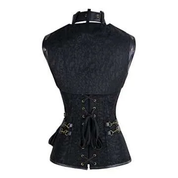 Charmian Women's Plus Size Retro Goth Spiral Steel Boned Brocade Steampunk Bustiers Corset with Jacket and Belt Black XXX-Large