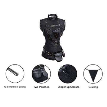 Charmian Women's Plus Size Retro Goth Spiral Steel Boned Brocade Steampunk Bustiers Corset with Jacket and Belt Black XXX-Large