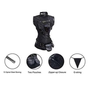 Charmian Women's Plus Size Retro Goth Spiral Steel Boned Brocade Steampunk Bustiers Corset with Jacket and Belt Black XXX-Large