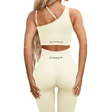 QINSEN High Waisted Leggings Women Exercise Outfits 2 Pieces Yoga Sports Bra with Leggings Set Beige M