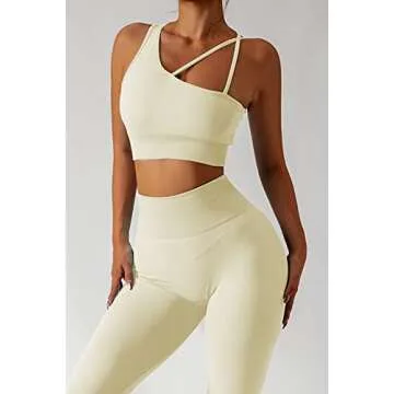 QINSEN High Waisted Leggings Women Exercise Outfits 2 Pieces Yoga Sports Bra with Leggings Set Beige M