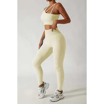 QINSEN High Waisted Leggings Women Exercise Outfits 2 Pieces Yoga Sports Bra with Leggings Set Beige M
