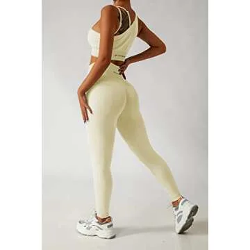 QINSEN High Waisted Leggings Women Exercise Outfits 2 Pieces Yoga Sports Bra with Leggings Set Beige M