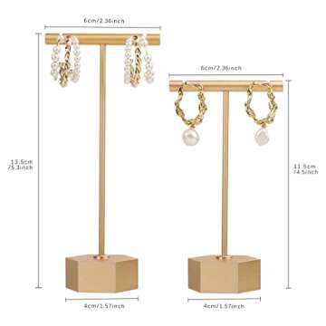 GemeShou Gold Metal 2pcs T Bar Earring Retail Display Stand for Show, Tabletop Jewelry Tower Holder for Girl Women【Gold-Hexagon Base 2pcs Height 4.5" and 5.3"】