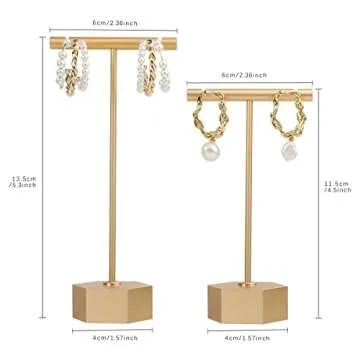 GemeShou Gold Metal 2pcs T Bar Earring Retail Display Stand for Show, Tabletop Jewelry Tower Holder for Girl Women【Gold-Hexagon Base 2pcs Height 4.5" and 5.3"】