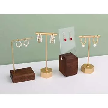 GemeShou Gold Metal 2pcs T Bar Earring Retail Display Stand for Show, Tabletop Jewelry Tower Holder for Girl Women【Gold-Hexagon Base 2pcs Height 4.5" and 5.3"】
