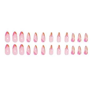 Almond Press on Nails Medium Fake Nails Orange Pink False Nails Full Cover Artificial Gold Line Design Fake Nails for Women Acrylic Stick on Nail with Adhesive Tabs 24 Pcs