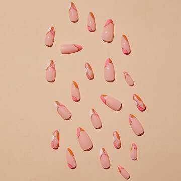 Almond Press on Nails Medium Fake Nails Orange Pink False Nails Full Cover Artificial Gold Line Design Fake Nails for Women Acrylic Stick on Nail with Adhesive Tabs 24 Pcs