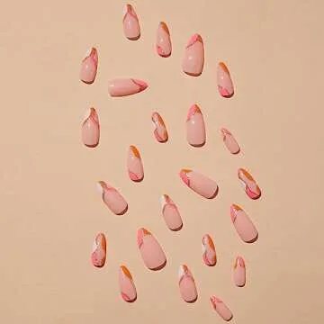 Almond Press on Nails Medium Fake Nails Orange Pink False Nails Full Cover Artificial Gold Line Design Fake Nails for Women Acrylic Stick on Nail with Adhesive Tabs 24 Pcs