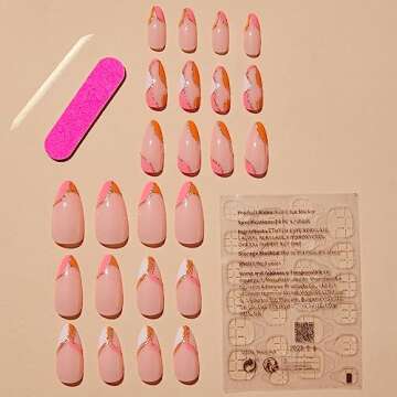 Almond Press on Nails Medium Fake Nails Orange Pink False Nails Full Cover Artificial Gold Line Design Fake Nails for Women Acrylic Stick on Nail with Adhesive Tabs 24 Pcs