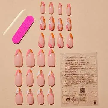 Almond Press on Nails Medium Fake Nails Orange Pink False Nails Full Cover Artificial Gold Line Design Fake Nails for Women Acrylic Stick on Nail with Adhesive Tabs 24 Pcs