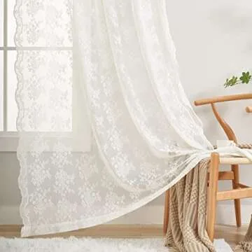 YJ YANJUN Sheer Lace Curtains for Bedroom Ivory Elegant Victorian Curtains Scalloped Edges Floral Kitchen Window Curtains 63 Inch Length Rod Pocket, 52 x 63 Inch, Ivory