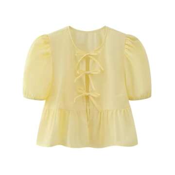 Women Tie Front Puff Sleeve Blouse Peplum Shirt Cute Casual Babydoll Tops Teen Girls Cute Summer Top...