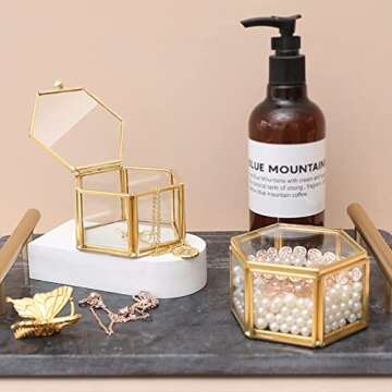 BEAUTY ONE HOME Small Glass Jewelry Box Golden Geometric Decorative Box Ring Earring Display Hexagon Keepsake Box for Wedding Birthday Gift