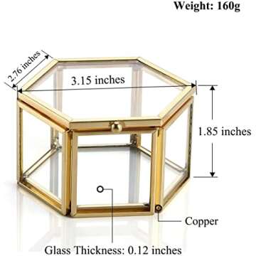 BEAUTY ONE HOME Small Glass Jewelry Box Golden Geometric Decorative Box Ring Earring Display Hexagon Keepsake Box for Wedding Birthday Gift