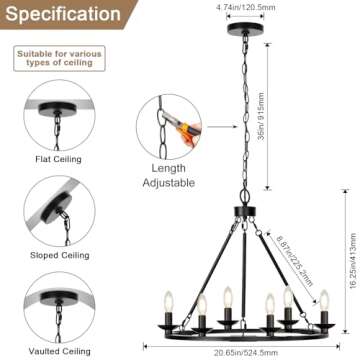 Black Farmhouse Chandelier, 6-Light Wagon Wheel Chandelier with Adjustable Height, Dining Room Light...