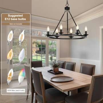 Black Farmhouse Chandelier, 6-Light Wagon Wheel Chandelier with Adjustable Height, Dining Room Light Fixture, Hanging Lights for Kitchen Island, Living Room, Bedroom, Entryway, E12 Base
