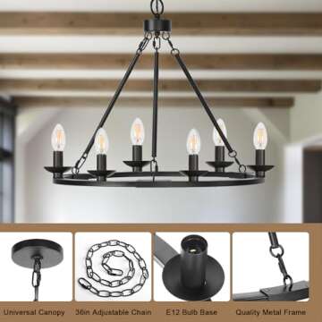 Black Farmhouse Chandelier, 6-Light Wagon Wheel Chandelier with Adjustable Height, Dining Room Light Fixture, Hanging Lights for Kitchen Island, Living Room, Bedroom, Entryway, E12 Base